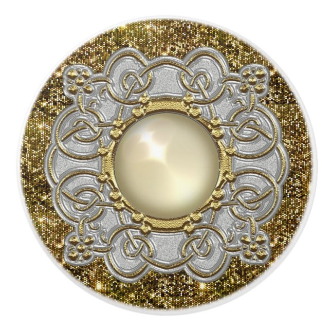 Beautiful Gold & Silver with Pearl Jewel Design Ceramic Knob (Front)