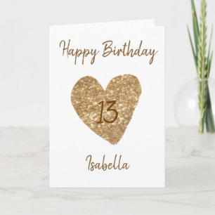 Beautiful Gold Watercolor Heart 13th Birthday Card