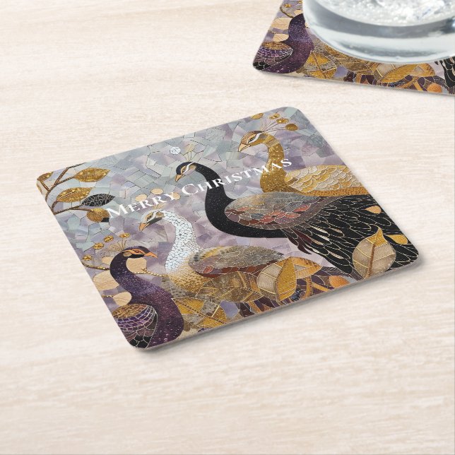 Beautiful Gold White Peacocks Christmas Square Paper Coaster (Angled)