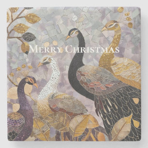 Beautiful Gold White Peacocks Christmas Stone Coaster