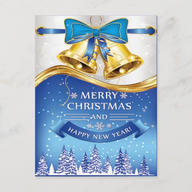 Beautiful Golden Christmas Bells with Blue Bow Holiday Postcard (Front)