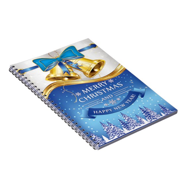 Beautiful Golden Christmas Bells with Blue Bow Spiral Notebook (Right Side)