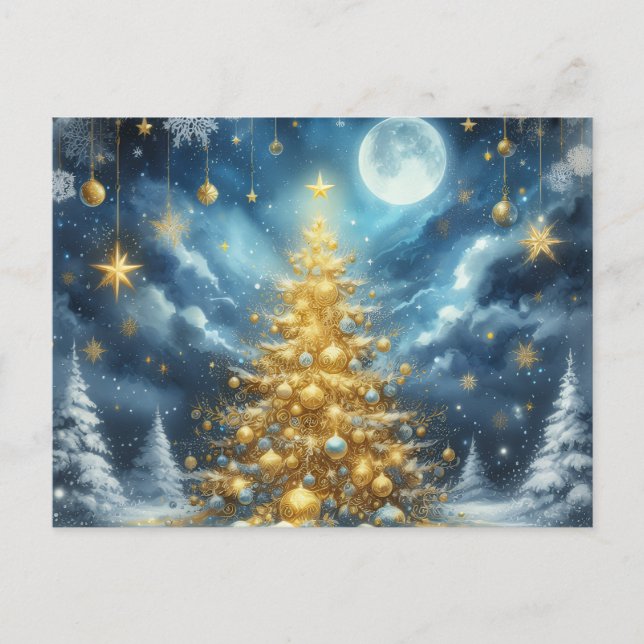 Beautiful golden Christmas tree blue Postcard (Front)