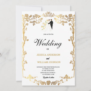 Beautiful golden flowers decorated wedding  invitation