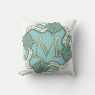 Beautiful Golden Look Initial M Blue Floral Cushion