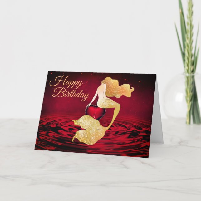 Beautiful Golden Mermaid with Red Heart Birthday Card (Front)