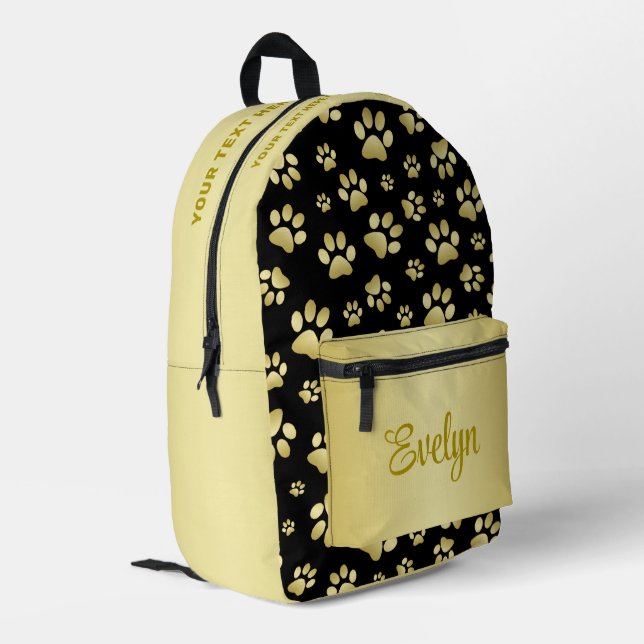 Beautiful Golden Paws Prints on Black Background  Printed Backpack (Back Corner Left)
