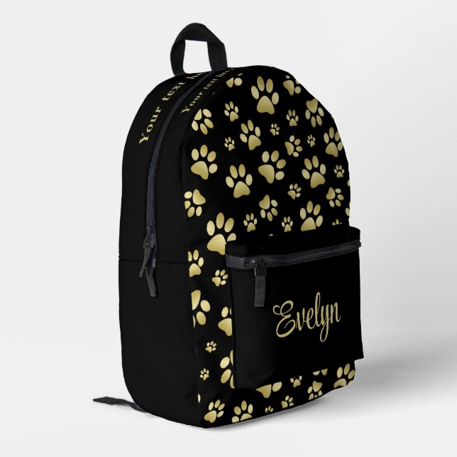 Beautiful Golden Paws Prints on Black Background  Printed Backpack (Back Corner Left)