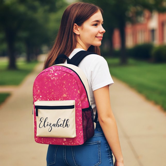 Beautiful Golden Pink Glitter Custom Initial Printed Backpack (Custom pink and Gold School Bag)