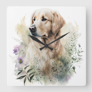 BEAUTIFUL GOLDEN RETRIEVER DOG WITH WILDFLOWERS SQUARE WALL CLOCK