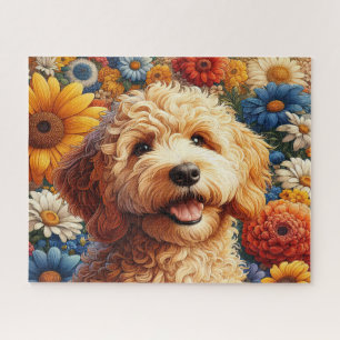 Beautiful Goldendoodle Dog With Flowers Jigsaw Puzzle