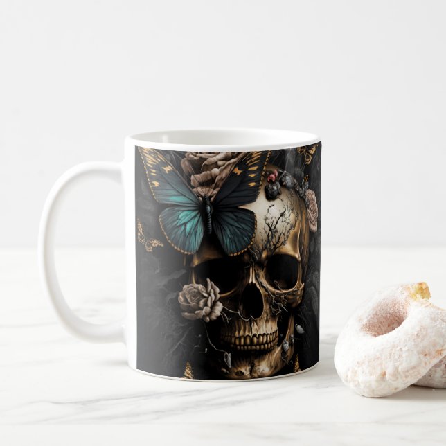 Beautiful Goth Art Skull with blue Butterfly Coffee Mug (With Donut)