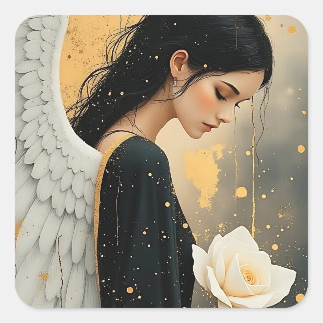 Beautiful Gothic Angel and White Rose Celestial  Square Sticker (Front)