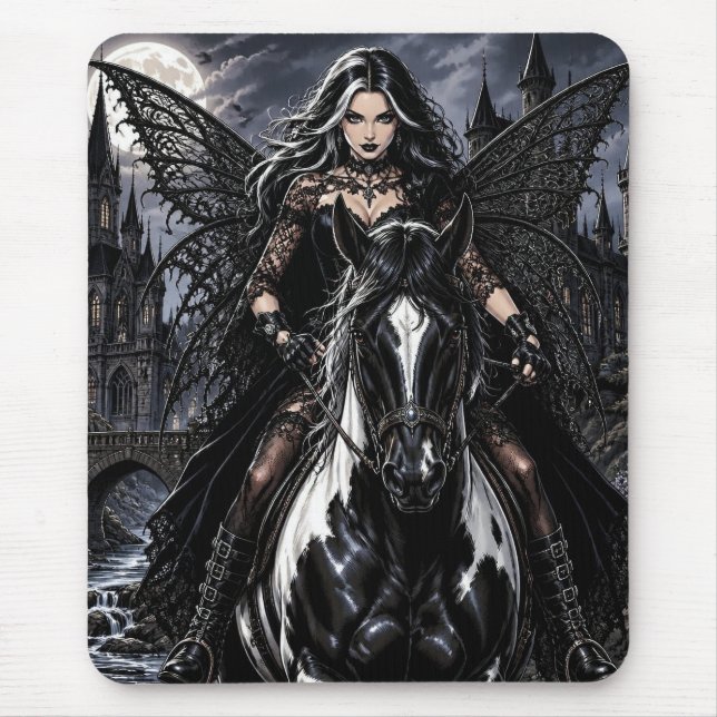 Beautiful Gothic Fairy on Black Horse  Mouse Pad (Front)