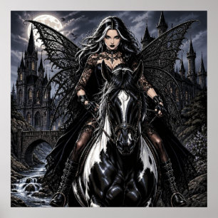 Beautiful Gothic Fairy on Black Horse Poster