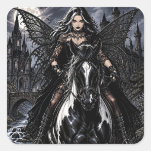 Beautiful Gothic Fairy on Black Horse Square Sticker