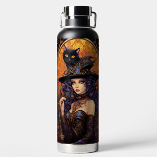 BEAUTIFUL GOTHIC HALLOWEEN WOMAN & BLACK CAT WATER BOTTLE