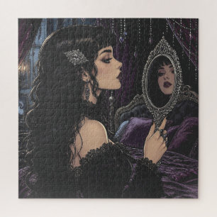 Beautiful Gothic Woman Looking into Antique Mirror Jigsaw Puzzle