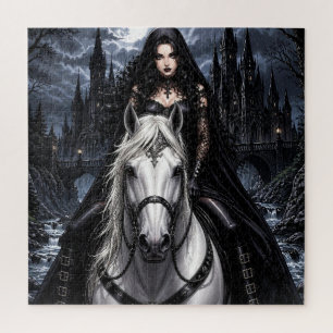 Beautiful Gothic Woman on White Horse  Jigsaw Puzzle