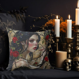 Beautiful Gothic Woman with Thorns and Roses Cushion