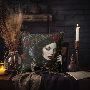 Beautiful Gothic Woman with Thorns and Roses Cushion