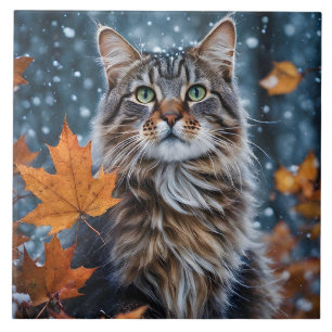 Beautiful Gray Tabby Cat Fall Leaves Portrait  Tile