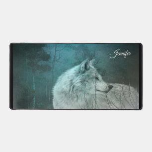 Beautiful Gray Wolf in a Dark Forest Desk Mat