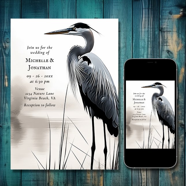 Beautiful Great Blue Heron Coastal Bird Wedding Invitation (Beautiful Great Blue Heron Water Bird Wedding Invitation)