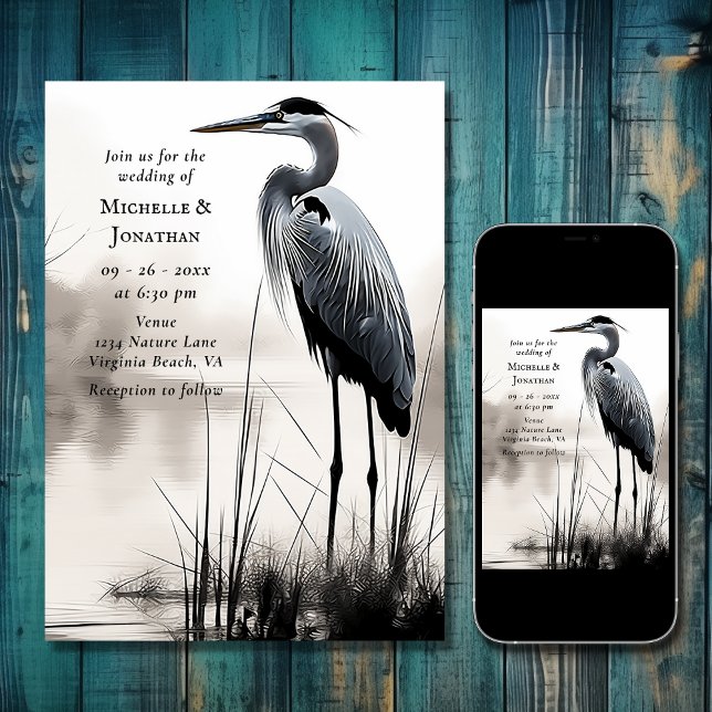 Beautiful Great Blue Heron Coastal Bird Wedding Invitation (Beautiful Great Blue Heron Water Bird Wedding Invitation)
