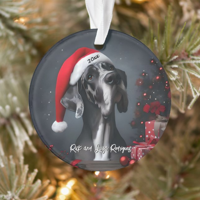 Beautiful Great Dane with Santa Hat Ornament (Tree)