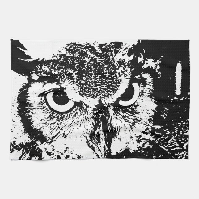Beautiful Great Horned Owl Black & White Graphic Tea Towel (Horizontal)