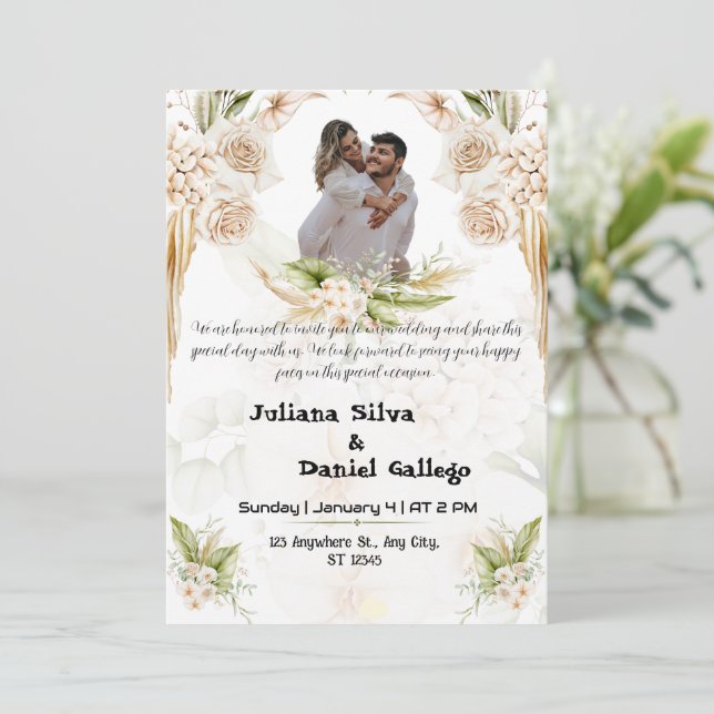 Beautiful green and beige wedding invitation (Standing Front)