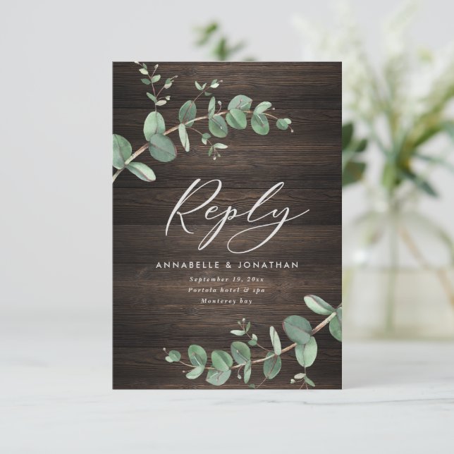 beautiful green eucalyptus wedding dark wood RSVP card (Standing Front)