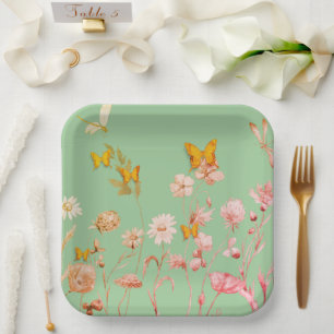 Beautiful green floral and butterfly  paper plate