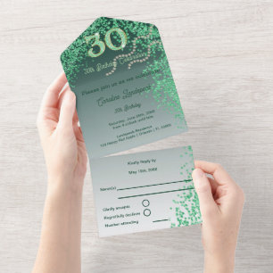 Beautiful Green Glitter 30th Birthday All In One Invitation