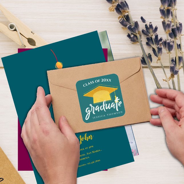 Beautiful Green Gold Grad Hat 2024 Graduation Square Sticker (Beautiful Green Gold Grad Hat 2024 Graduation Square Sticker)
