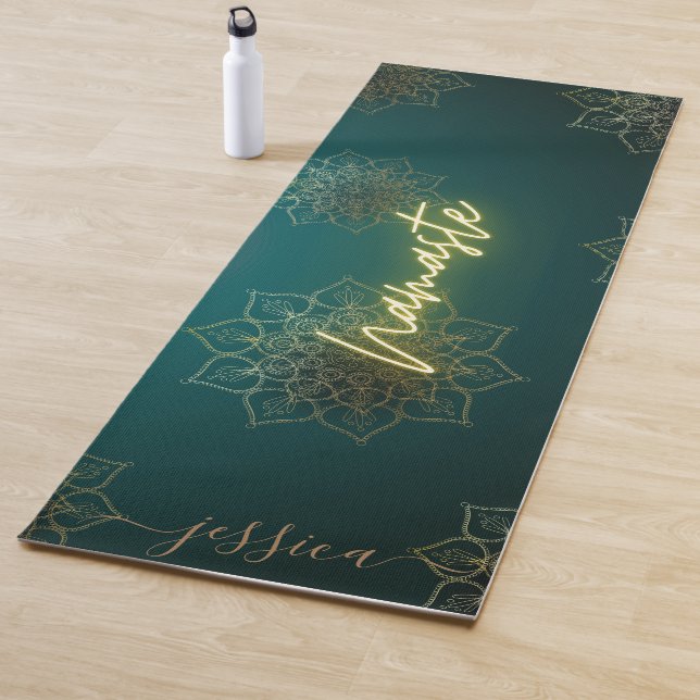 Beautiful Green Gold Namaste Mandala Custom Name Yoga Mat (In Situ)