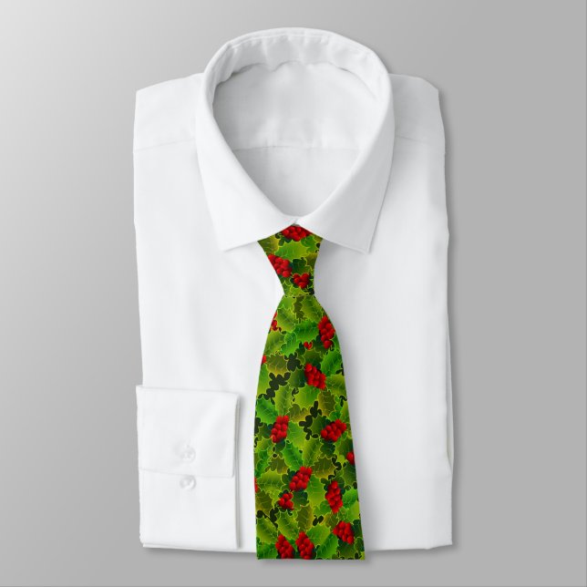 Beautiful Green Holly and Red Berries Christmas Tie (Tied)