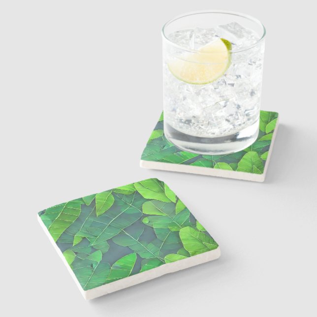 Beautiful Green Leaves Pattern Stone Coaster (Side)