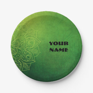 Beautiful Green Mandala with Name Paper Plate