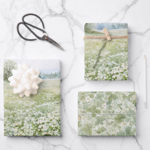 Beautiful Green Meadow Flowers Blue Sky Birthday Wrapping Paper Sheet