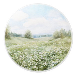 Beautiful Green Meadow Flowers Blue Sky Ceramic Knob