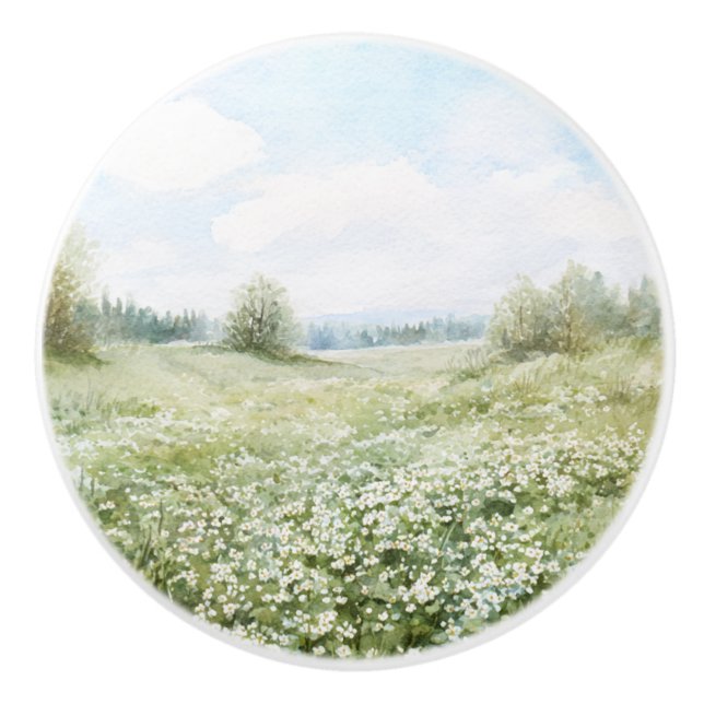 Beautiful Green Meadow Flowers Blue Sky Ceramic Knob (Front)
