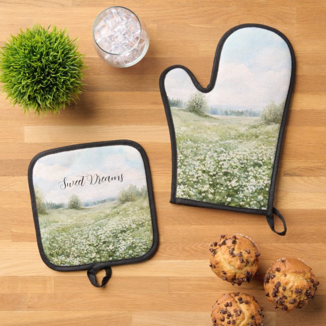 Beautiful Green Meadow Flowers Blue Sky Oven Mitt & Pot Holder Set (Top Down)