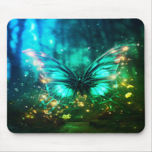 Beautiful Green Neon Butterfly On Computer Laptop Mouse Pad