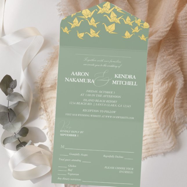 Beautiful green paper crane wedding all in one invitation (Creator Uploaded)