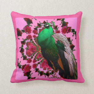 BEAUTIFUL GREEN PEACOCK PINK ROSES PINK ART CUSHION