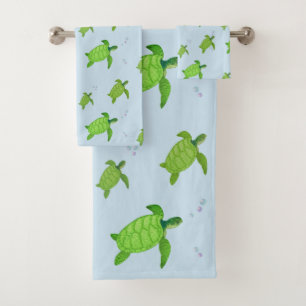 Beautiful Green Sea Turtles on Light Blue Bath Towel Set