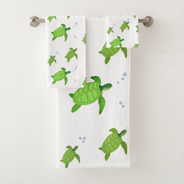 Beautiful Green Sea Turtles on White Bath Towel Set (Insitu)