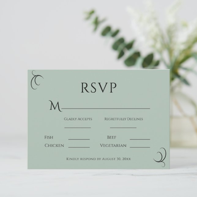 Beautiful Green Simple Modern Wedding RSVP Card (Standing Front)